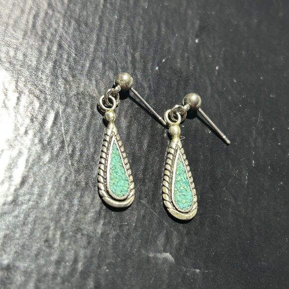 Vintage 925 Sterling Silver 1-5/16" Turquoise Inlay Slim Dangle Drop Earrings - Picture 2 of 4